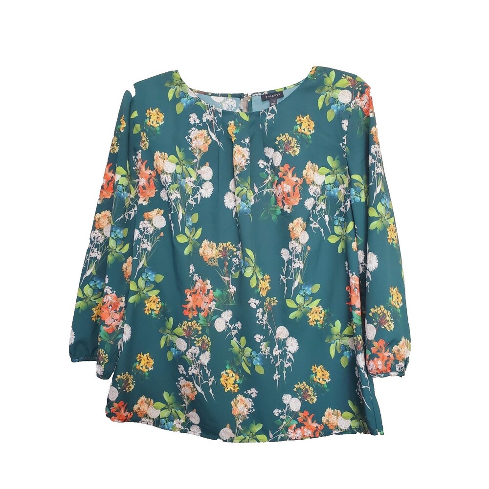 Talbots Green Floral Keyhole Back 3/4 Sleeve Blouse Size Medium Cottagecore